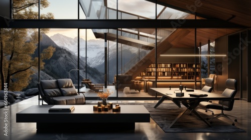 A modern and stylish living room with a breathtaking view of the majestic mountains, complete with sleek furniture and a cozy couch, all bathed in natural light pouring in through a large window