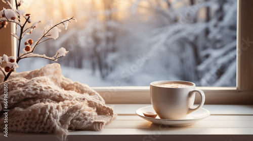 hot coffee and book on windowsill view of snowy landscape