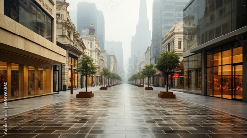 The city street was a blur of skyscrapers and trees, with fog obscuring the way forward as rain fell upon the outdoor scene, creating a dreamy and melancholic atmosphere in this urban neighbourhood