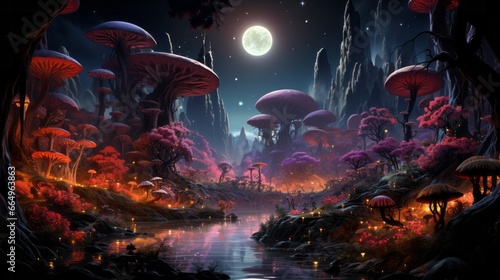 A mystical moonlit river flows through a lush landscape of vibrant mushrooms  creating a mesmerizing reef of water and magic