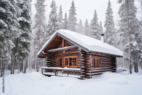 a snow-covered log cabin in the woods © studioworkstock