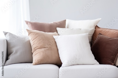 soft plush pillows piled on a minimalist white couch