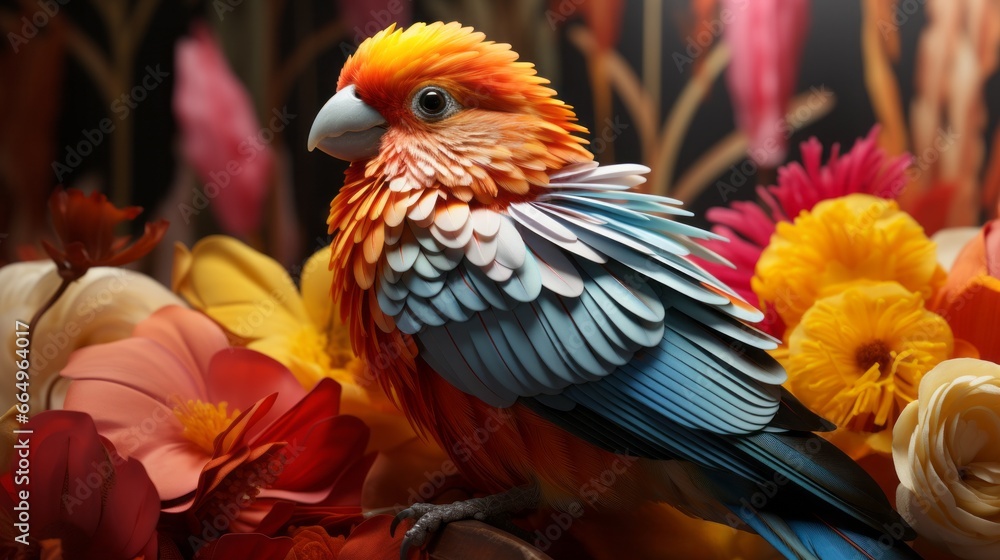 A vibrant parrot perches amidst a sea of fiery blooms, its majestic feathers a burst of tropical hues against the lush indoor foliage