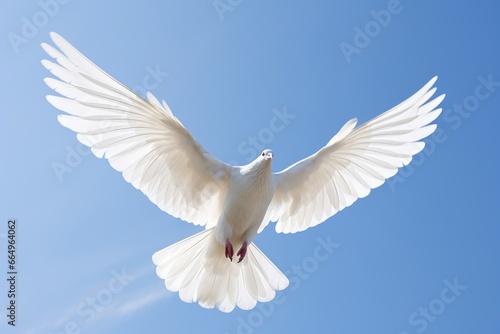 a white peace dove flying against a clear sky