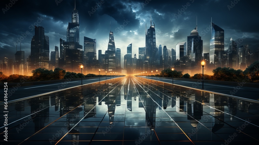 A majestic metropolis stands tall, its skyline illuminated by soft glow of street lights reflecting off still waters of the road below, a symbol of the bustling life and endless possibilities found