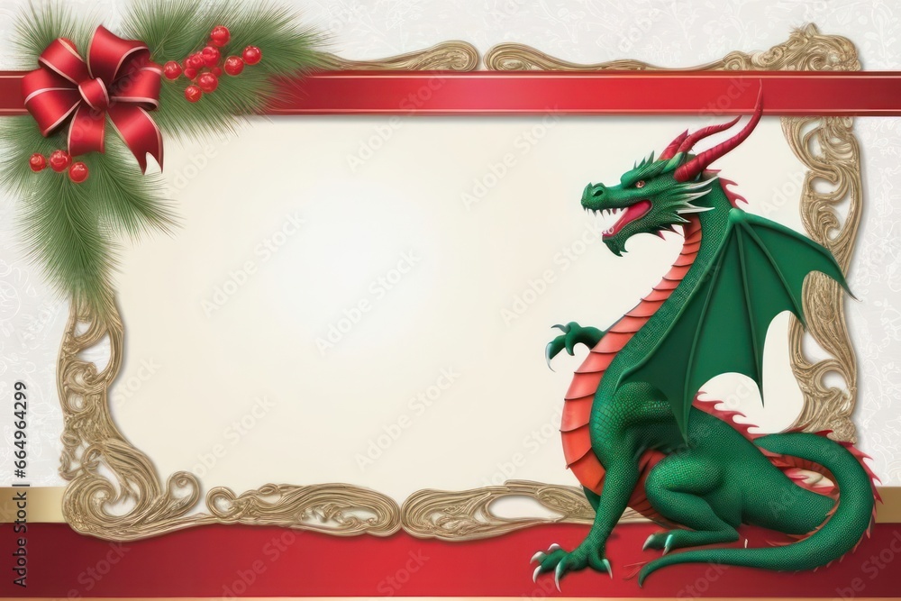 Merry Christmas and Happy New Year greeting card design with dragon and decorations with copy space. Generative AI Merry Christmas and Happy New Year greeting card design with dragon and decorations with copy space. Generative AI