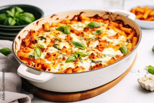 a casserole dish with baked pasta and cheese