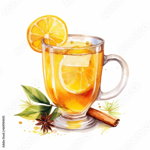 Watercolor hand painted hot white wine with lemon and cinnamon stick simple sketch illustration isolated on white background. Hand drawn clip art for menu and ads