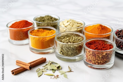 bright spice assortment on a white kitchen countertop