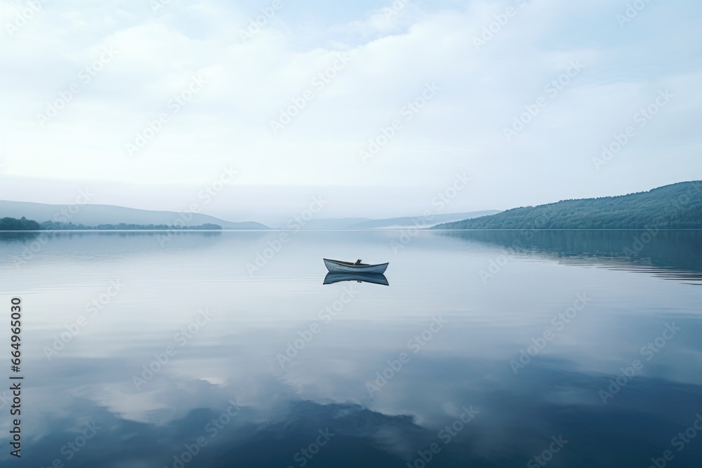 a small rowing boat drifting in the middle of a quiet lake
