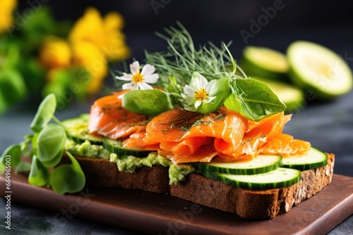 an open sandwich with avocado, smoked salmon, and cucumber