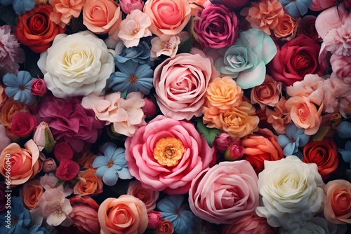 Colorful floral wallpaper with roses. Generative AI © Jeff