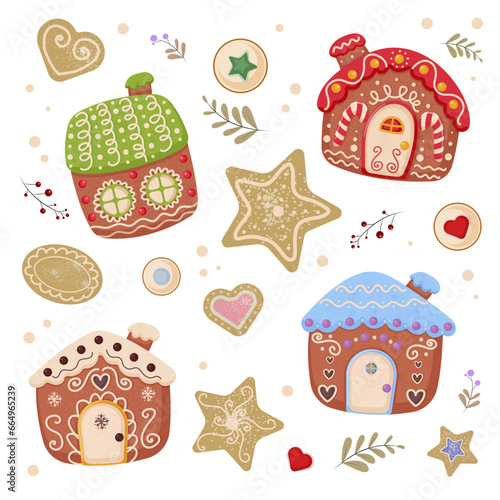 Set of cute traditional gingerbread. Sweet tasty cookie in house form. Christmas celebration. Decorative element and ornament. Baked stars. Winter dessert. White background. Vector illustration
