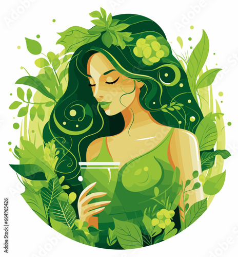 A young girl with green hair delicately holds a cup of green tea, surrounded by a cozy atmosphere and soft sunlight, wearing a pastel-colored dress