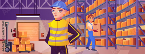 Cartoon warehouse interior with man employee in boiler suit and helmet at hangar. Worker holding carton box. Shelves with good, various parcel. Crowded storage. Logistic delivery. Vector illustration