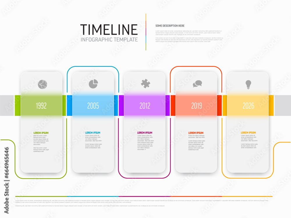 Five semitransparent glassy rounded rectangles timeline process infographic