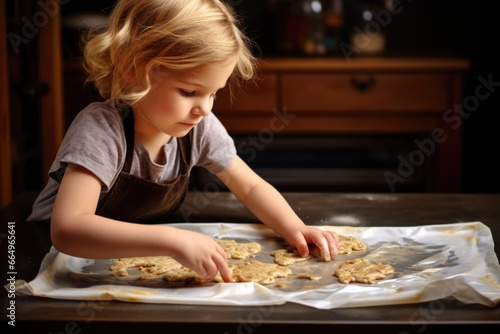 a child pouring cookie dough onto a baking sheet with parchment paper