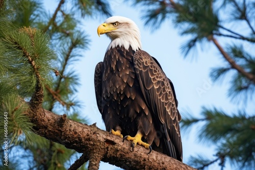 a bald eagle perched on a tall tree