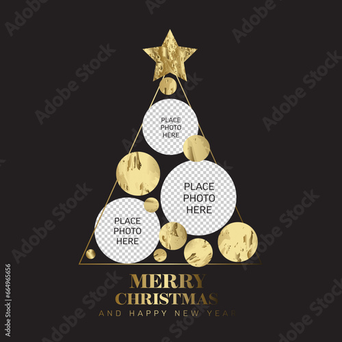 Christmas triangle tree with circles family photo placeholders customizable card layout template with christmas elements