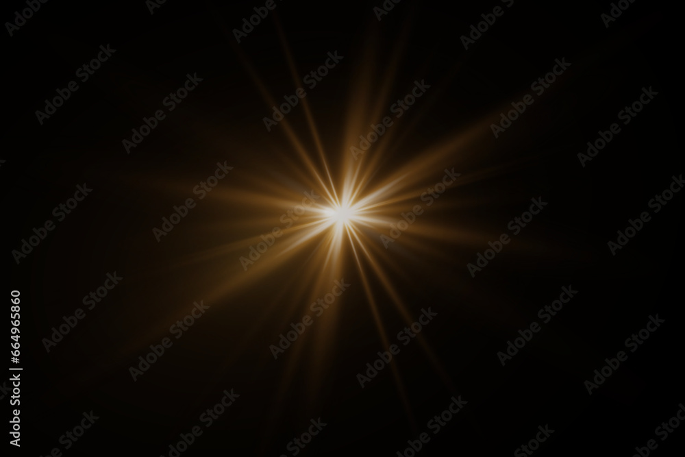 Flare light effect. Flash light with rays and lens. On a black background.