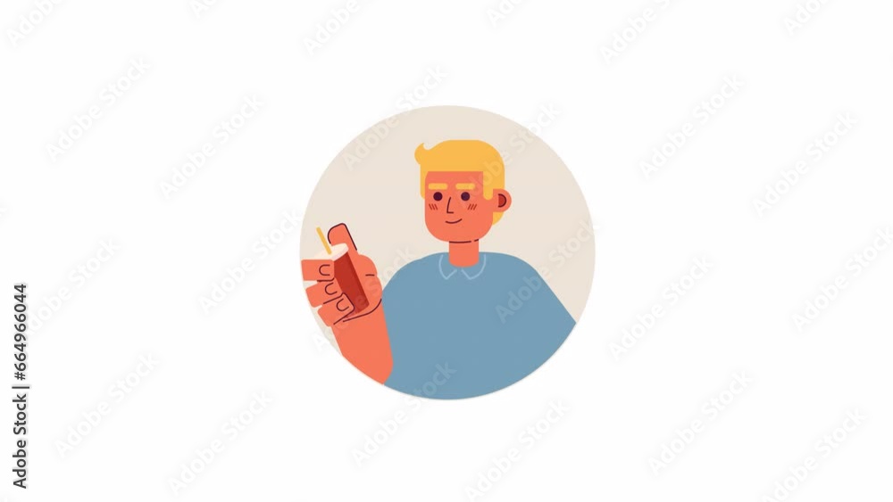 Chilling caucasian guy drinking through straw 2D avatar animation. Holding coffee european young adult flat cartoon 4K video, transparent alpha channel. Smoothie man animated portrait on white Chilling caucasian guy drinking through straw 2D avatar animation. Holding coffee european young adult flat cartoon 4K video, transparent alpha channel. Smoothie man animated portrait on white