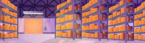 Cartoon warehouse interior with shelves with goods, various parcels. Rack with carton boxes. Garage door. Indoor storehouse. Industrial stockroom storage. Logistic delivery. Vector illustration