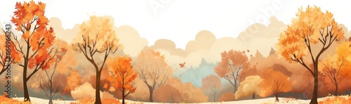 Autumn forest with trees in the style of watercolor painting, in shades of orange and beige. Generative AI © Gelpi