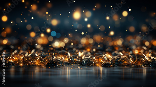 Golden Elegance: Abstract Dark Blue Background with Glistening Gold Particles, a Captivating Blend of Christmas Light Shine and Festive Bokeh