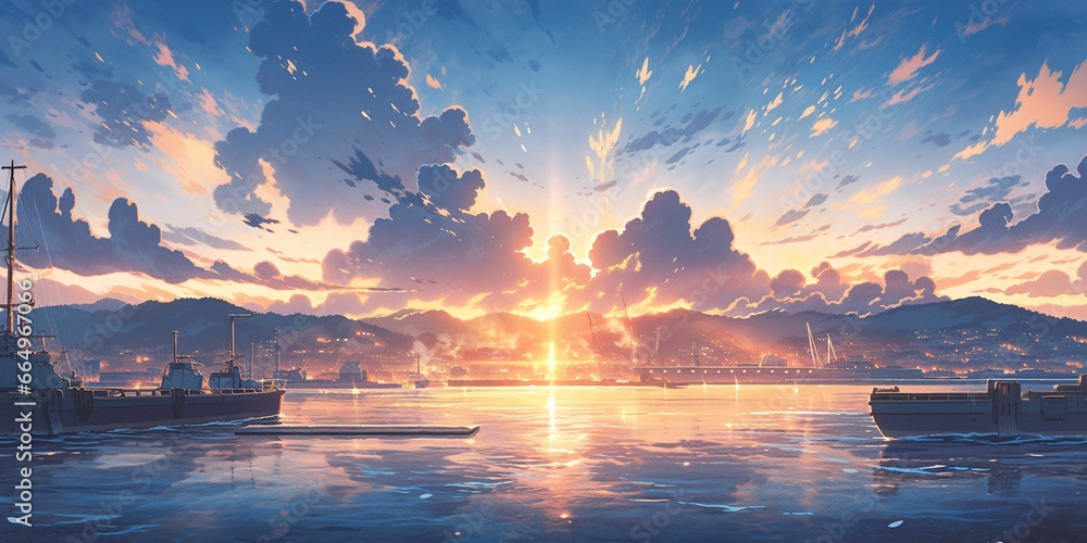 Beautiful Harbor with Blue Sky and Sunset View in Japanese Anime Style - obrazy, fototapety, plakaty 