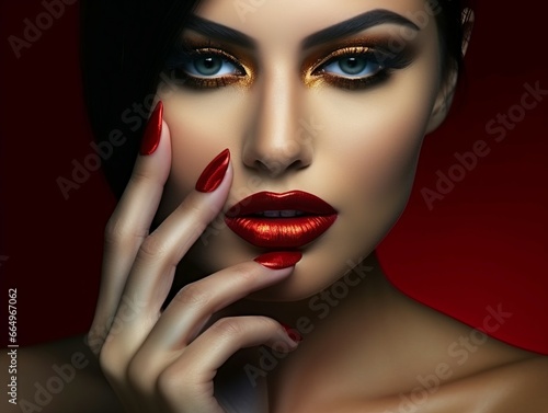 Portrait of beautiful sensual young woman  with golden makeup and red lips  red nails on red background. Sexy lady with red lips  studio fashion shot. Beautiful Woman .bright shiny Luxury Makeup