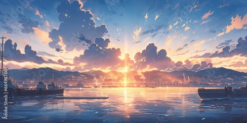 Stampa su tela Beautiful Harbor with Blue Sky and Sunset View in Japanese Anime Style
