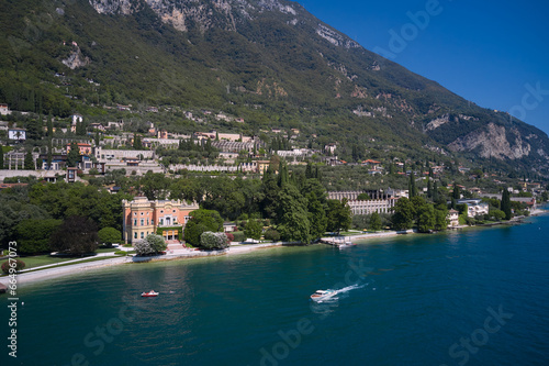 Coastline of the resort town of Gargnano Lake Garda Italy. Aerial panorama of Gargnano city located on Lake Garda Italy.