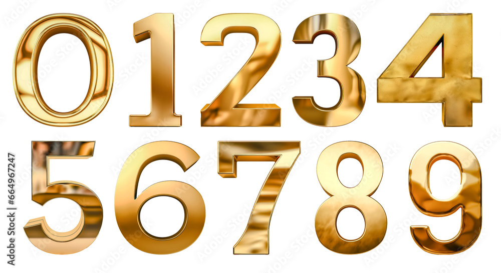 A set of gold metal numbers from 0 to 9