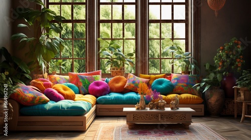 Colorful sofa with different pillows in an oriental living room