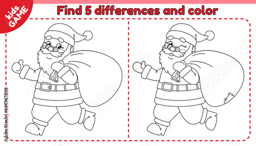 Kids game Find 5 differences with cartoon happy Santa Claus running with a bag of gifts. Compare cute merry Christmas characters and spot differences. Black and white outline vector design.