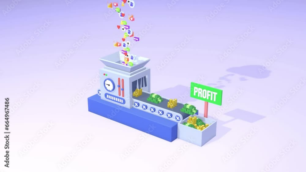 3d animation of a machine turns social media into profit. 3d animation of a machine turns social media into profit.