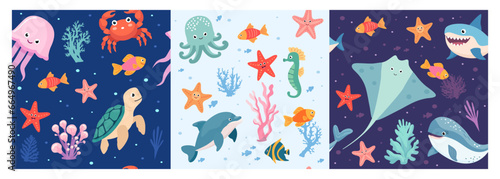 Cartoon colorful seamless pattern with sea animals. Vector illustrator illustration pattern. © AlexxxA