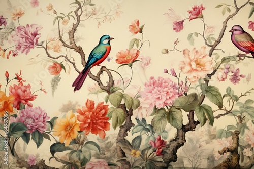 Watercolor artwork depicting a continuous pattern of foliage, flowers, and birds. Generative AI © Saffron