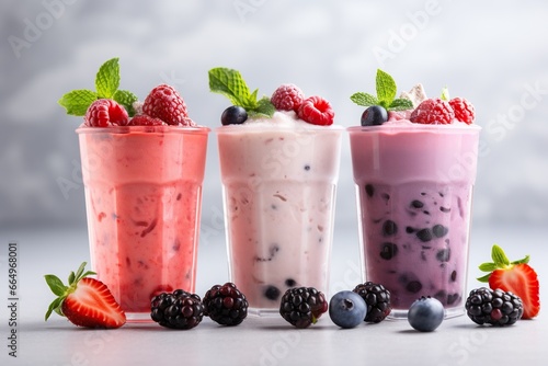 Three tasty fresh milk shakes with berries and mint on white table. Generated by artificial intelligence