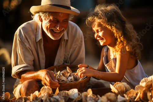 Grandfather and girl collecting shells on beach, showing joy and tenderness.