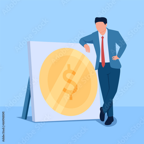 People pose in front of counterfeit money posters, a metaphor for flaunting wealth for ponzi. Simple flat conceptual illustration.
