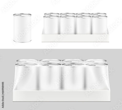 Hight realistic multipack 4x2 can with easy-open lid mockup. Vector illustration isolated on grey background. Easy to use for presentation your product, idea, design. EPS10.