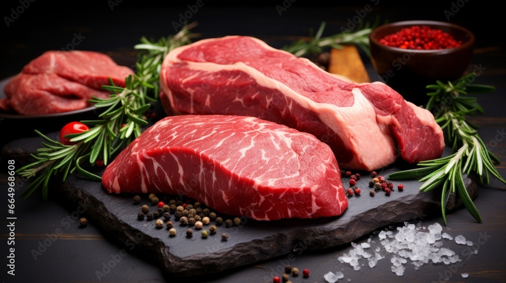 Variety of fresh Black Angus Prime raw beef steaks, Generative AI
