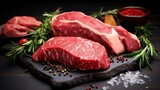 Variety of fresh Black Angus Prime raw beef steaks, Generative AI