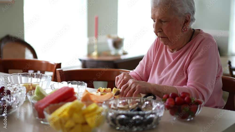 Sitting alone at a table, a pretty elderly senior woman cuts fruit with a knife making a fruit salad. Sitting alone at a table, a pretty elderly senior woman cuts fruit with a knife making a fruit salad.