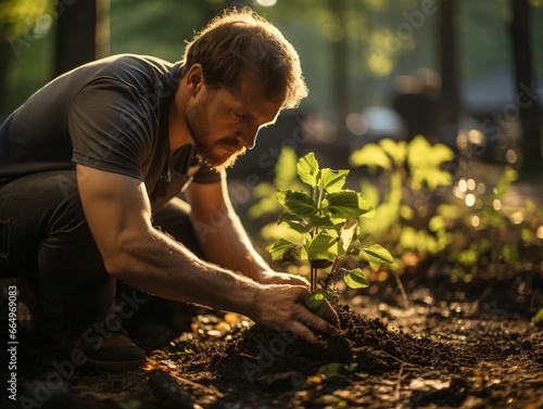Close up of a man planting a tree or gardening