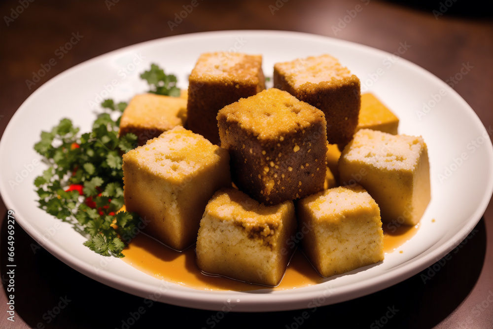 Tofu with sweet and sour sauce in a plate on wooden table. Stinky tofu. Generative AI