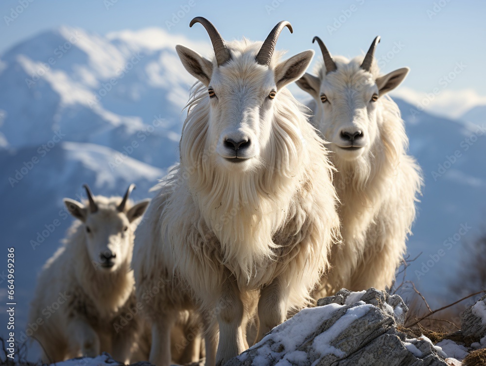 Herd of Mountain Goats on a Rocky Hill
