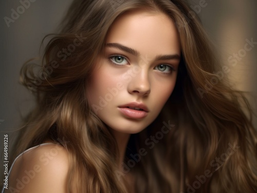 Beautiful  woman with brown long curly hair. Portrait of a beautiful girl with long brown hair. Beautiful face of a young woman with long wavy hair and pretty eyes. Studio shot.