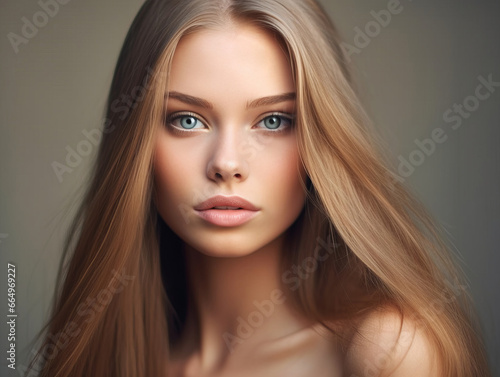 Beautiful woman with light brown long curly hair. Portrait of a beautiful girl with long hair. Beautiful face of a young woman with blond long hair and blue eyes. Studio shot.